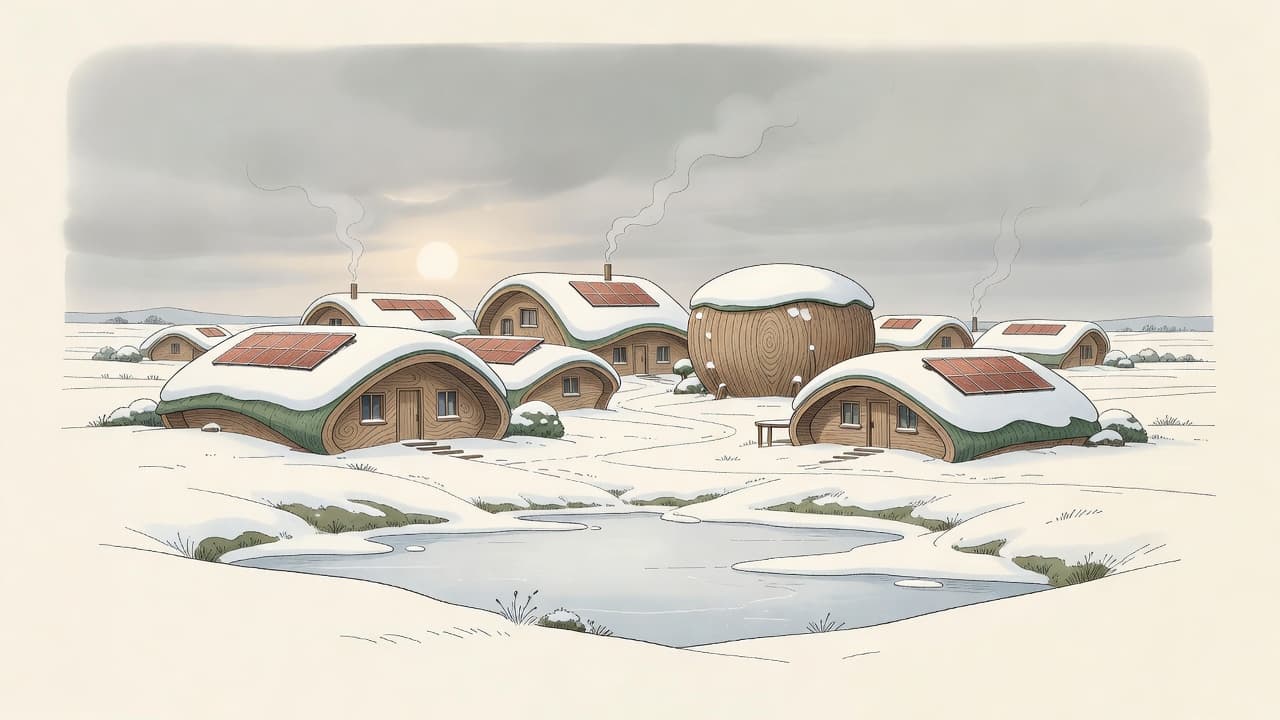 AI-impressie van de wijk in een strenge winter: diepe sneeuw op de groene daken, een zware grijze lucht en een groot seizoensopslagvat tussen de huizen
