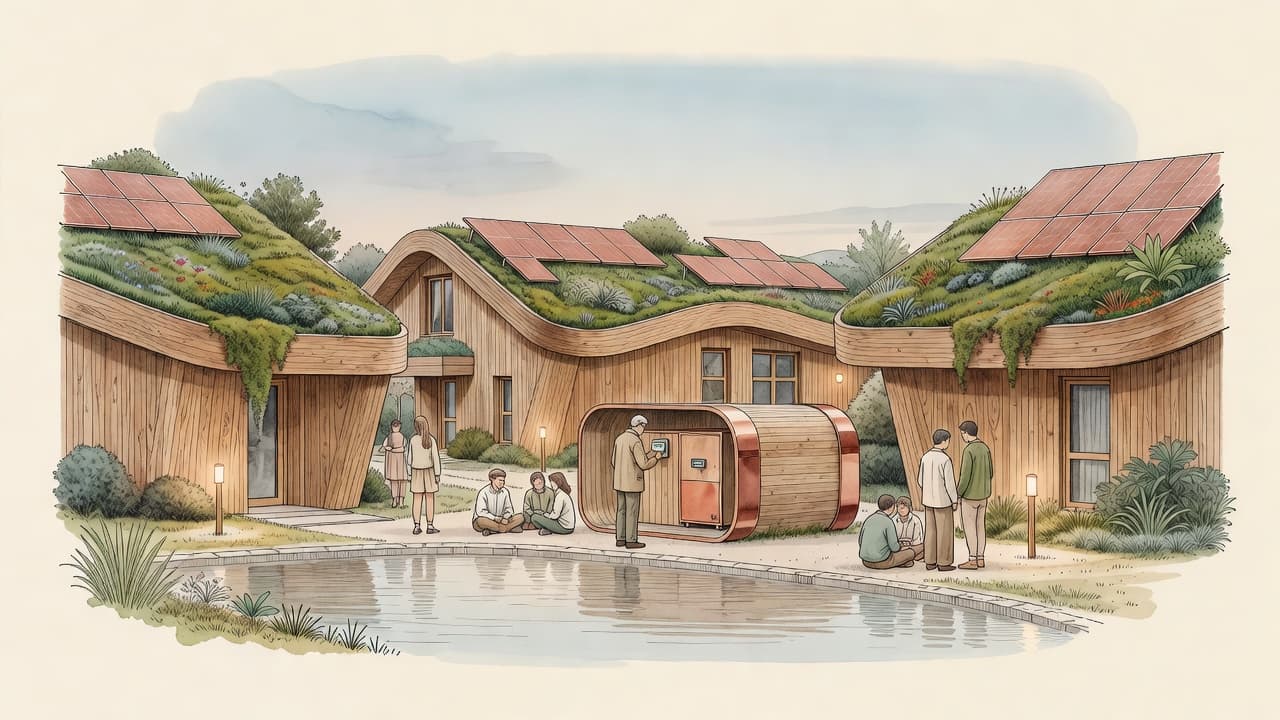 AI-impressie van bewoners in de schemering rond het gedeelde batterij-paviljoen tussen de gebogen houten huizen