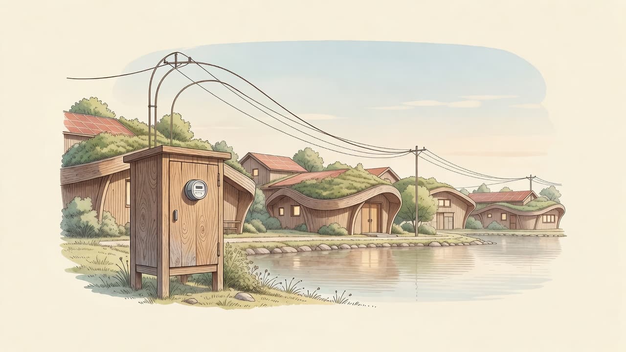 AI impression: the timber village at dusk with a shared grid-connection cabinet and meter, thin power lines toward the horizon