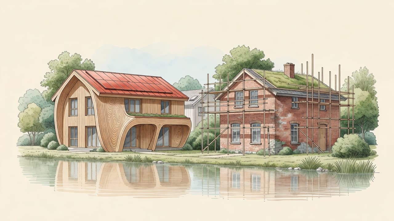 AI-impressie: een nieuw gebouwd gebogen houten huis naast een ouder bakstenen huis in de steiger, de keuze tussen nieuwbouw en renovatie