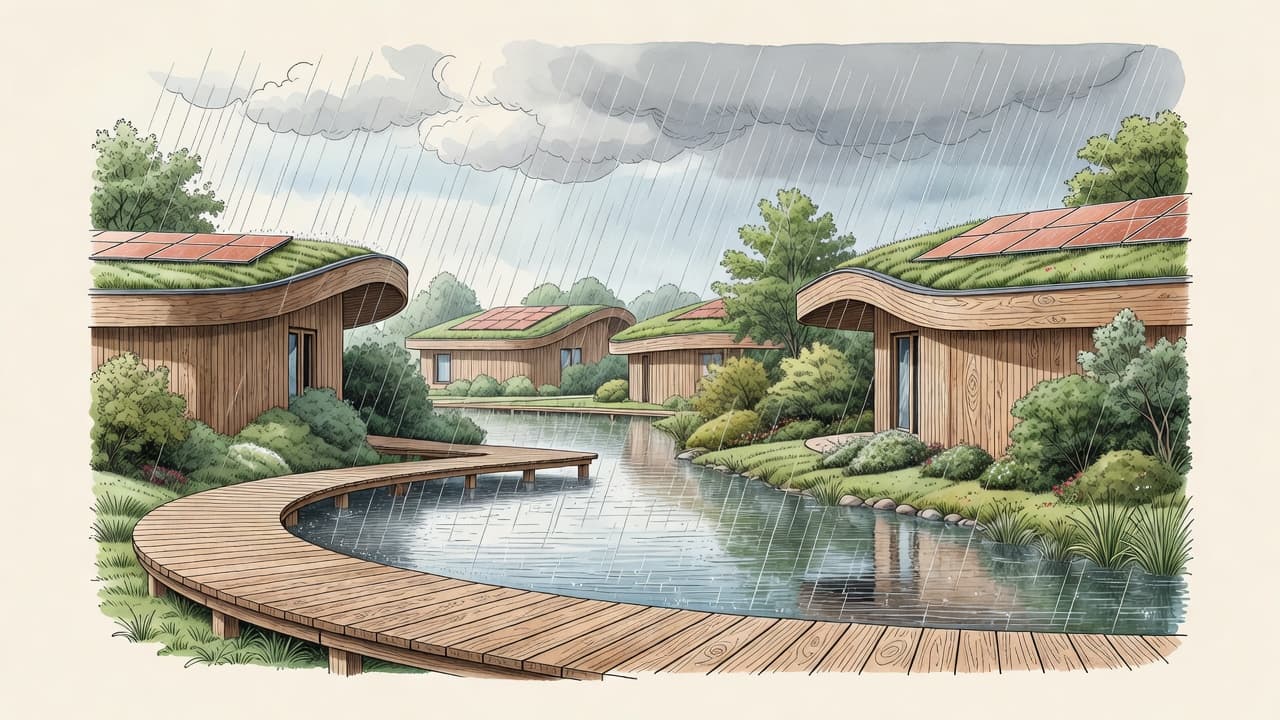 AI-impressie van de retentievijver van de gesimuleerde wijk tijdens een hoosbui, met houten vlonder en gebogen houten huizen